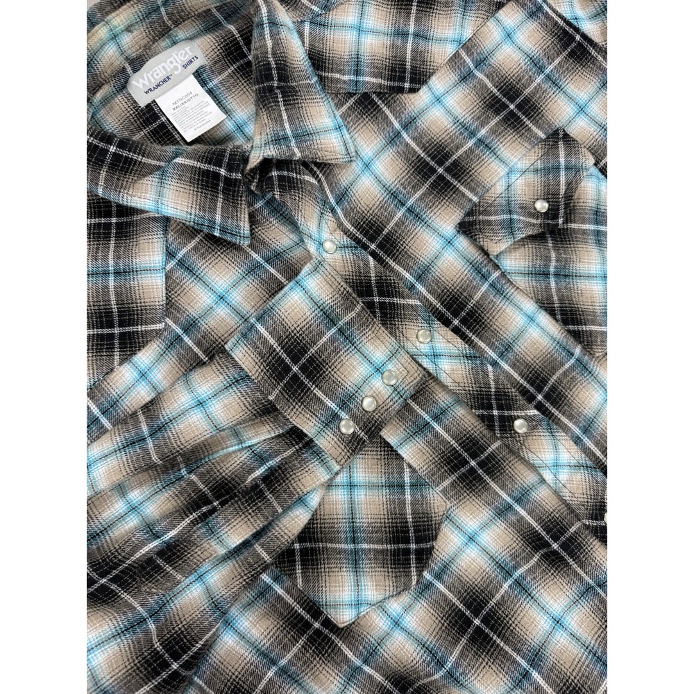Wrangler Wrancher Shirt Men XXL Pearl Snap Plaid Western Flannel Cotton Blue Tan